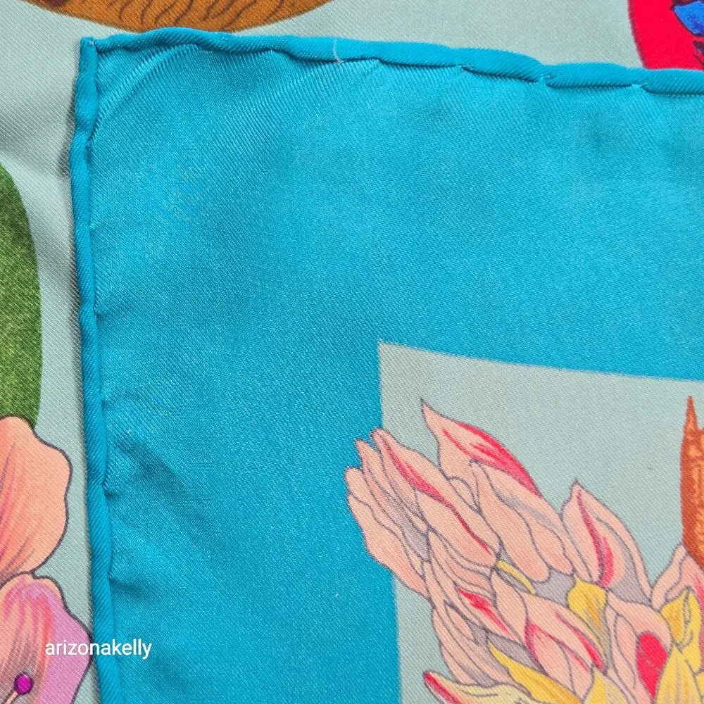 Vintage Silk Scarf Parrots Bird Hand Rolled Edges